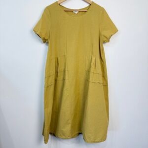 Before You Linen Cotton Midi Dress Womens Large Mustard Yellow Lagenlook Boho